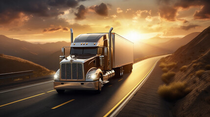 modern semi truck on cargo highway, cloudy sunny background, truck driver traveling on road