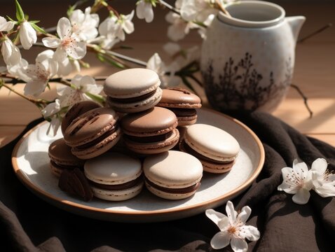  a plate of macaroons sitting on a table next to a vase of flowers and a teapot with a white flower in the middle of the plate on the table.