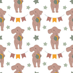 Seamless baby pattern. Cute elephant with a ball, stars and holiday flags. For clothing, wrapping paper, wallpaper, background.
