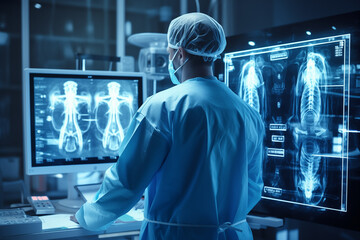 Male experienced doctor in operation room, against the backdrop of a white office and x-ray pictures. Generative AI - obrazy, fototapety, plakaty