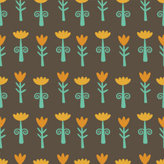 Seamless floral pattern in retro style. Simple cartoon yellow flowers on a dark brown background. Universal ornament for your design.