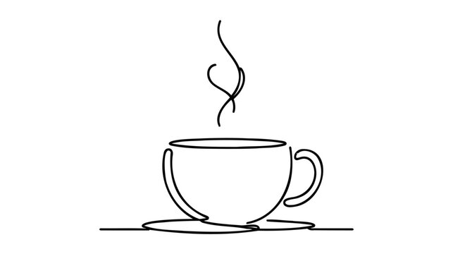 Drawing a continuous line. Cup of coffee with steam on white background