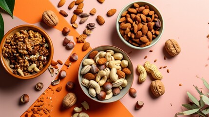  a couple of bowls filled with nuts on top of a pink and orange counter top next to a couple of bowls filled with nuts on top of a pink and orange and orange.