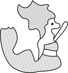 Black and white line art vector illustration of a uniquely designed dot character—Enchanting Mermaid: Waving and Greeting with a Radiant Smile, formed from random dots