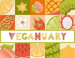 Veganuary. Cartoon Banner. Tropical exotic fruits. Fresh lemon, lime wedges, watermelon, pitahaya dragon, star fruit, papaya, mango and kiwi. Healthly food. Peach Fuzz. Lettering in Scandinavian style