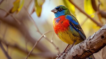 a colorful bird perched on top of a tree branch next to a leaf filled tree branch with yellow and red leaves in the foreground and a blue sky in the background.