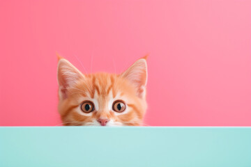 A playful ginger kitten with wide, curious eyes peeking over a turquoise edge against a contrasting...