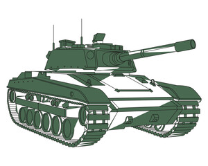Main battle tank black doodle. Armored fighting vehicle. Special military transport. Detailed vector illustration isolated on white background.