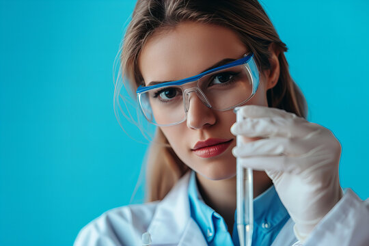 Woman Scientist Chemist With Test Tube Isolated On Blue Background