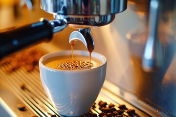 Espresso machine pouring coffee in a cup. Coffee photography for a cafe