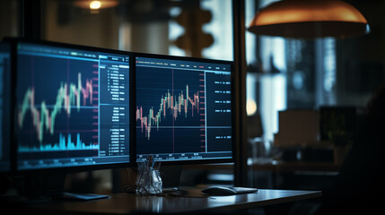 view of a stock market chart, displayed on a blue monitor. The candlestick, a series of green and...