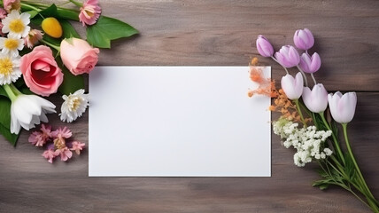 Top view of a blank white card on a table surrounded by delicate cherry blossoms and petals, perfect for springtime messages.