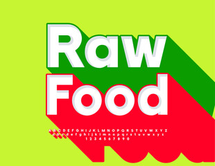 Vector concept template Raw Food. White Font with Big Rad Shadow. Unique 3D Alphabet Letters and Numbers set.