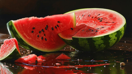 a slice of watermelon and pieces of watermelon are on the surface of a body of water, with drops of water on the surface of water.
