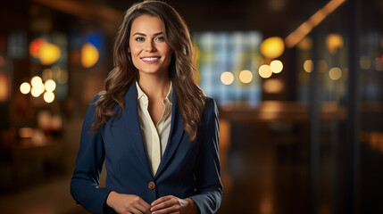 Fototapeta premium A confident middle-aged brunette businesswoman, wearing glasses, standing with crossed arms over an office blur light background