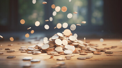 symbol of saving money, coins, saving change, collecting money in a jar, piggy bank - obrazy, fototapety, plakaty