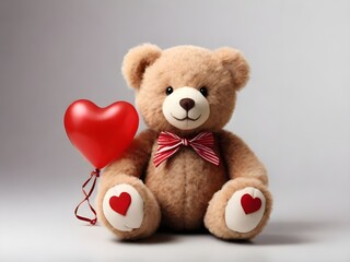teddy bear with red heart balloon - obrazy, fototapety, plakaty