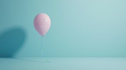  a pink balloon floating in the air with a string attached to the end of the balloon, on a light blue background, with a shadow from the top of the balloon.
