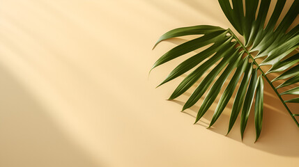 Fototapeta na wymiar Top view of green tropical leaves and shadow on sand color background.,summer concept,flat lay, generative ai