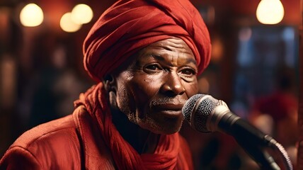 Portrait of an african musician in traditional red turban singing into microphone. AI