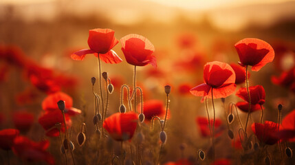 Naklejka premium Sun-kissed poppies at dusk, a serene tribute to remembrance and peace