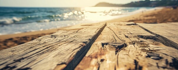 Table wood desk of free space and summer beach landscape - obrazy, fototapety, plakaty