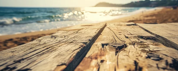 Foto auf Leinwand Table wood desk of free space and summer beach landscape © megavectors