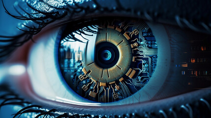high tech iris, ai, modern technology, cyborg human, future eye enhancement, symbol of progress in technology 