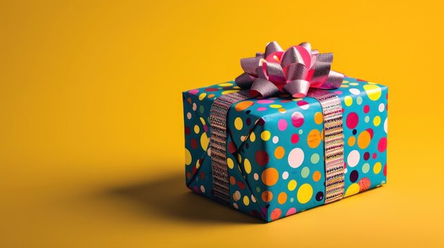  a blue gift box with a pink bow on top of it on a yellow background with a polka dot pattern and a pink bow on the top of the box.
