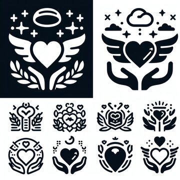 set of black and white icons or set of black and white flowers or set of elements