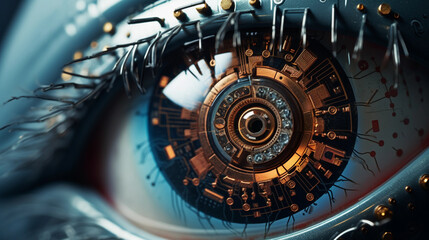 high tech iris, ai, modern technology, cyborg human, future eye enhancement, symbol of progress in technology 