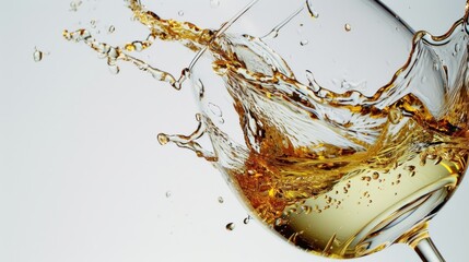 a close up of a wine glass with a liquid splashing out of the top and bottom of the glass, on a white background with only the wine being poured into the glass.