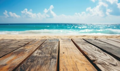 Fototapeta na wymiar Table wood desk of free space and summer beach landscape