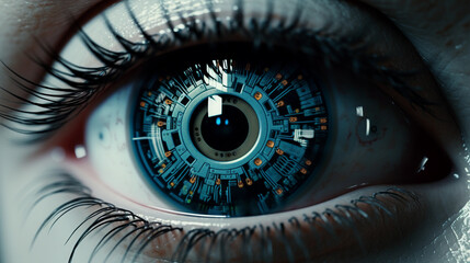 high tech iris, ai, modern technology, cyborg human, future eye enhancement, symbol of progress in technology 