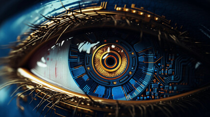 high tech iris, ai, modern technology, cyborg human, future eye enhancement, symbol of progress in technology 