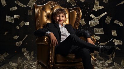 young person saving money, successful business, sitting on chair with money rain, symbol of young entrepreneur, avatar
