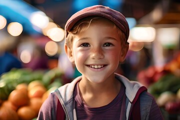 Smiling boy in cap at a fruit market, joyful childhood moment. captured happiness in casual setting. AI