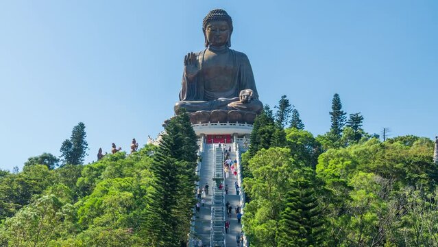 Hong Kong Time Lapse 4K Tourists walk the street at the Big Buddha Ngong Ping