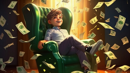 young person saving money, successful business, sitting on chair with money rain, symbol of young entrepreneur, avatar
