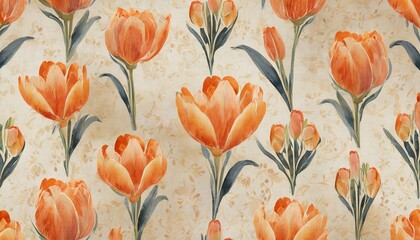vintage seamless pattern with tulips shabby background with monograms luxury vintage floral wallpaper orange and brown colors watercolor illustration texture for fabric paper wallpaper design