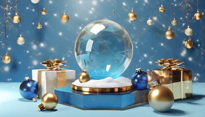 Fototapeta na wymiar 3d render blue holiday wallpaper festive blue and gold christmas ornaments and gift boxes empty glass snow ball stage platform for product presentation