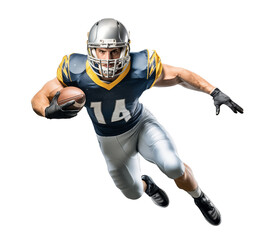 Gridiron running back player running with a ball on isolated background