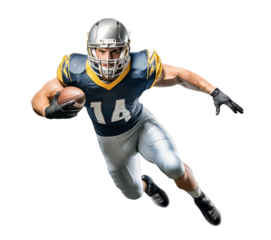 Gridiron running back player running with a ball on isolated background