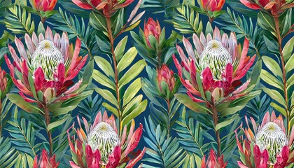 tropical exotic seamless pattern with protea flowers in tropical leaves hand drawn 3d illustration...