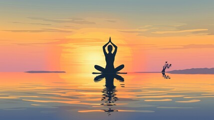  a person doing yoga in the middle of a body of water with the sun setting in the background and a silhouette of a person doing yoga in the middle of the water.