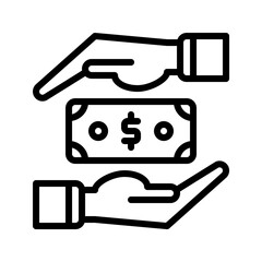 money dollar cash icon and hand icon outline black style. Business and finance icons