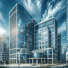 Obraz premium Modern building glass facade on a sunny day with sunbeams in the blue sky
