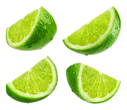 Citrus isolated. Collection of lime pieces in water drops from different angles on a transparent background.