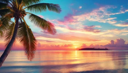 Tuinposter beautiful sea sunset landscape ocean sunrise tropical island beach dawn palm tree leaves silhouette blue water colorful red pink orange yellow sky clouds sun reflection summer holidays vacation © Richard