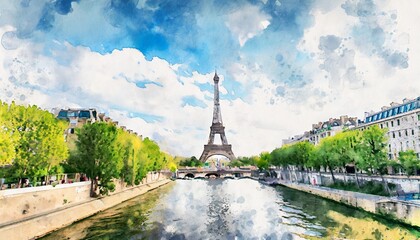 beautiful digital watercolor painting of the eiffel tower in paris france in spring - obrazy, fototapety, plakaty